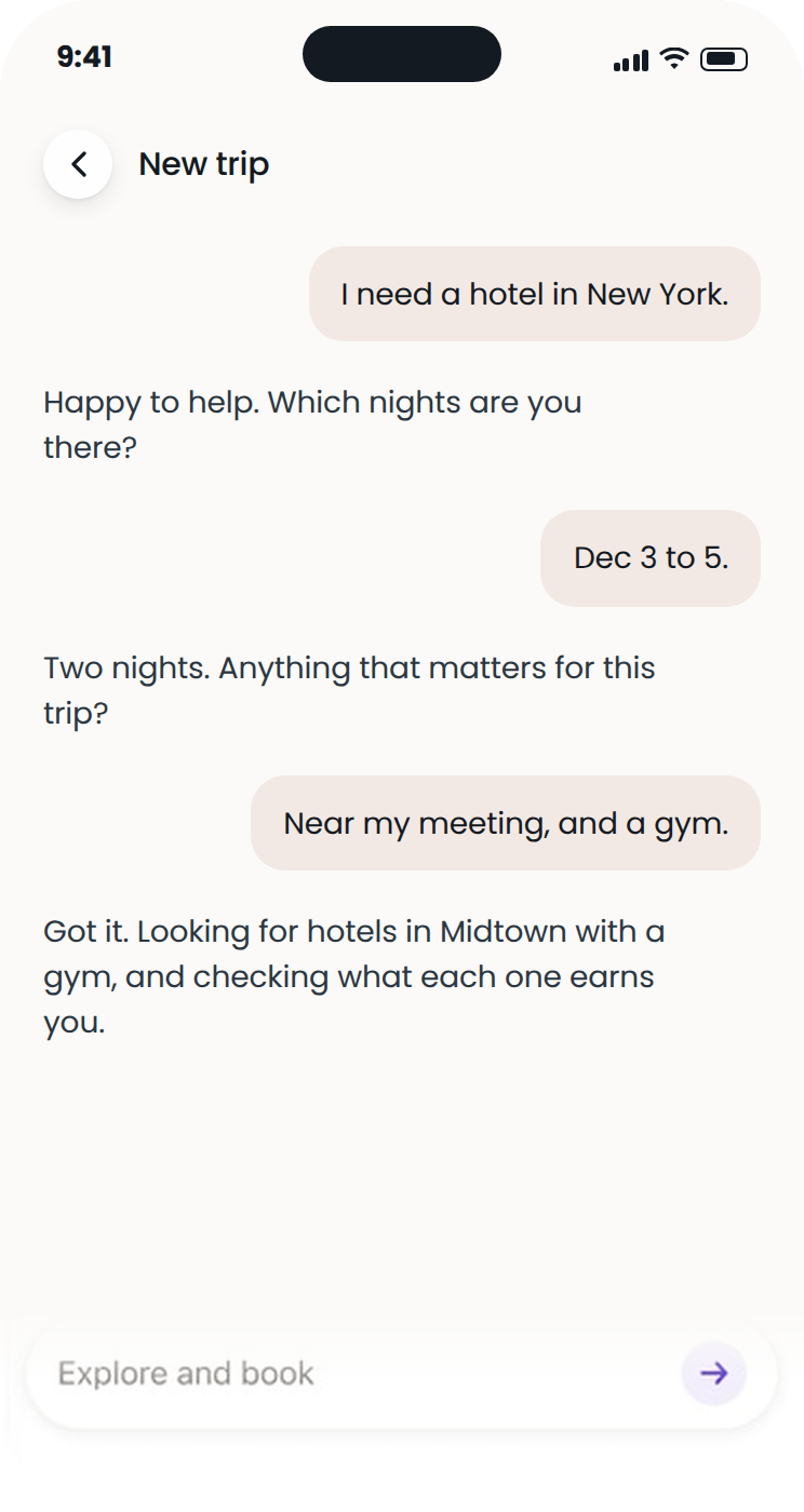 A conversation: the traveler asks for a hotel in New York, the assistant asks which nights and what matters for the trip