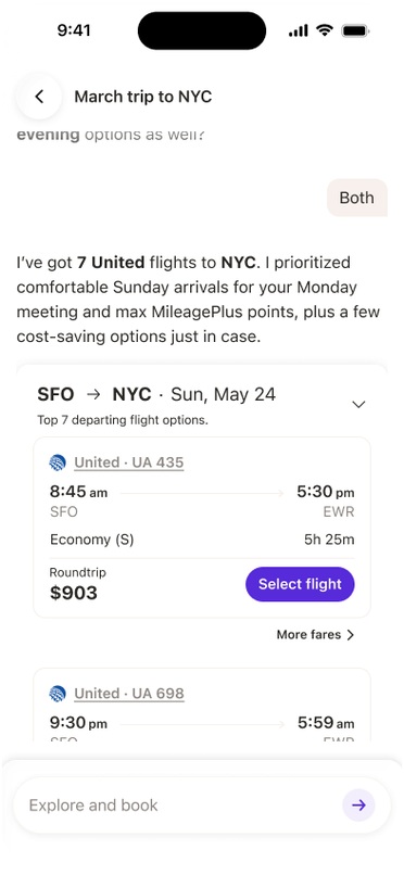 Flight options offered inside the conversation