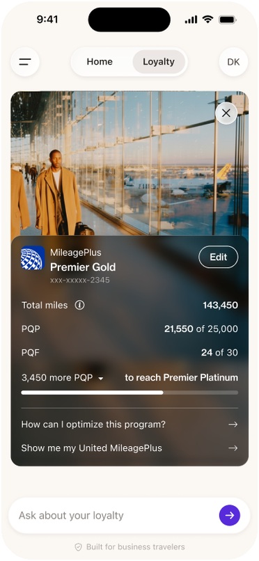 A single loyalty program, showing miles and progress to the next status