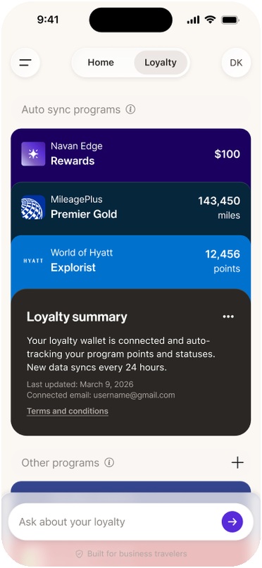 The loyalty wallet, with connected programs and their balances