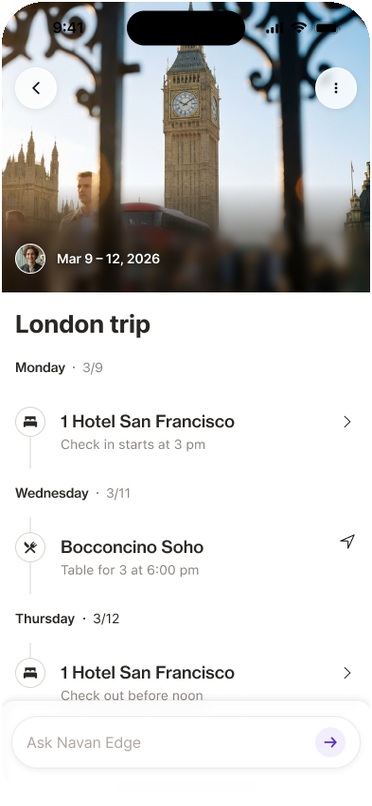The restaurant booking added to the trip itinerary