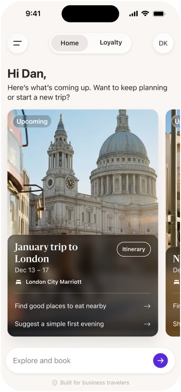 Navan Edge home screen showing an upcoming trip to London